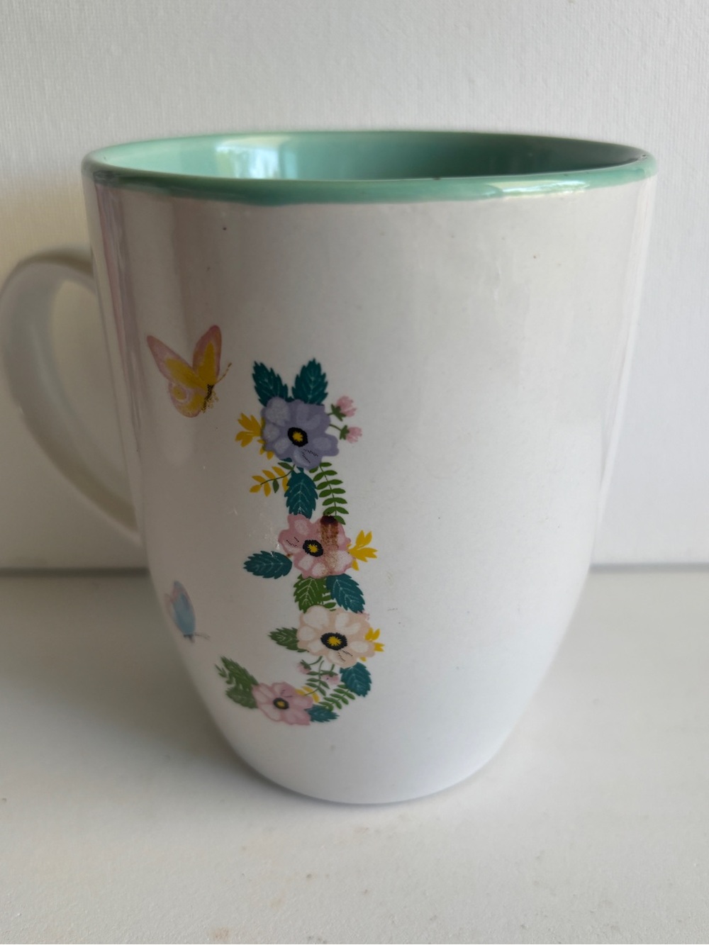 Mug/Letter J White Ceramic Floral Butterfly Mug with Mint Interior - Picture 2 of 6